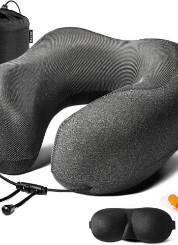 MLVOC Neck Pillow for Traveling, Upgraded 100% Pure Memory Foam Travel Neck Pillow for Airplane Flight Sleep, Breathable & Machine Washable Cover, Travel Kit with 3D Eye Mask, Earplugs & Bag, Black