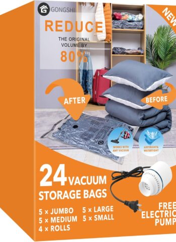 GONGSHI Vacuum Seal Bags for Clothing Travel & Home Storage, Travel Vacuum Bags with Pump,Space Saver for Blankets, Comforters, Pillows, Clothes,24 Combo with Electric Pump